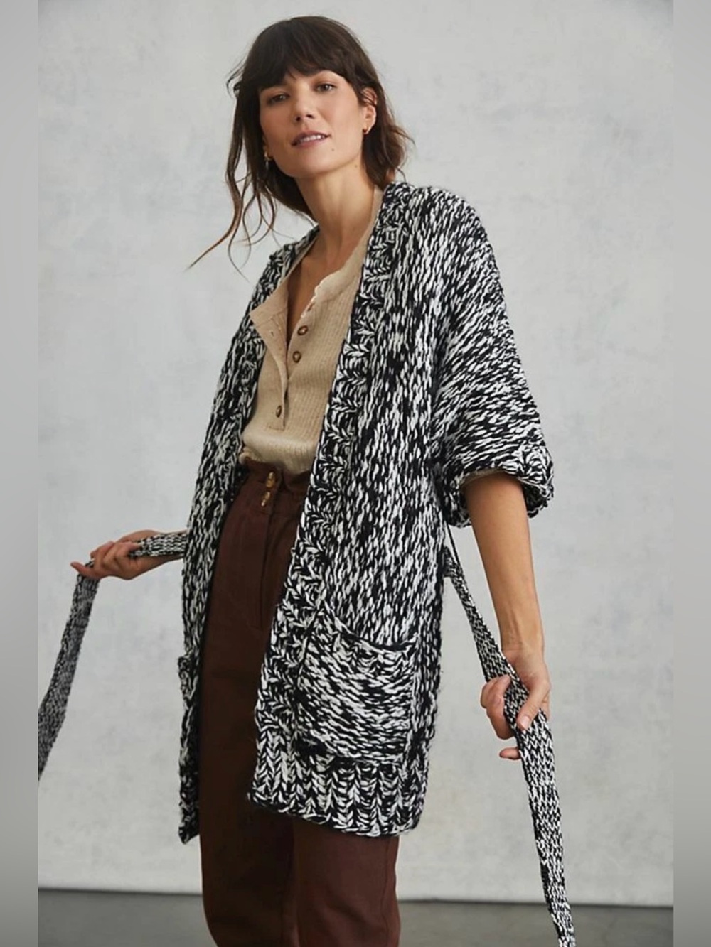 Anthropologie Little Lies Chunky Black White Marled Cardigan Sweater NWT